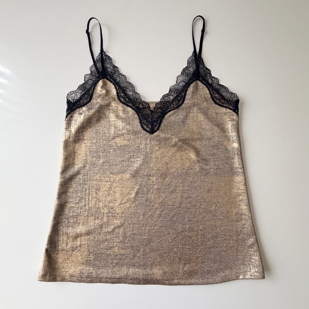 Elegant Gold Camisole with Black Lace Trim
